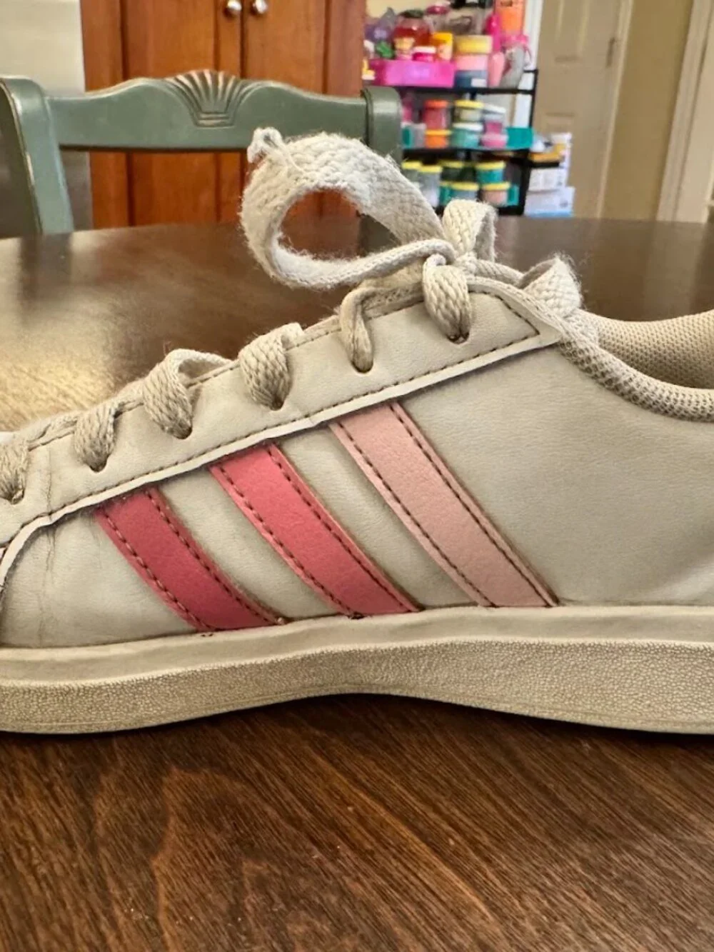 Adidas Girls Size 2 Grand Court Base White Pink Ombre Stripes Sneakers
